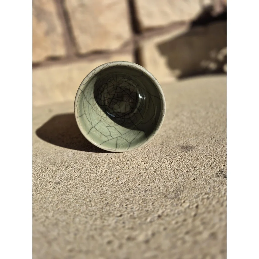 Japanese Double Wall Sake Cup – Somayaki Style Crackle‎ Glaze Tea Cup – Celadon